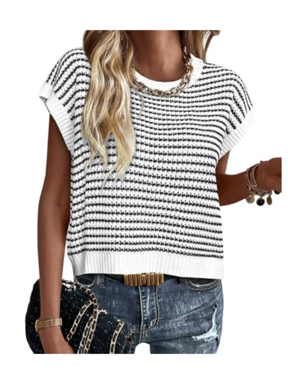 Striped Cap Sleeve Knit Sweater Vest Womens Cotton Pullover Top